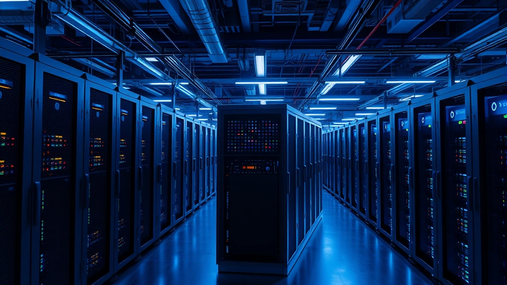 Photorealistic image of cryptocurrency mining farm with computer servers and cooling systems in operation, blue LED lights illuminating the equipment, industrial facility representing blockchain technology infrastructure