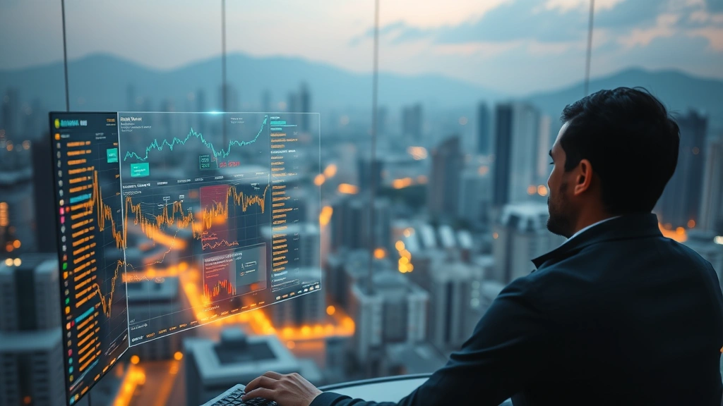 Cryptocurrency trader analyzing blockchain data on multiple holographic displays, Pakistan cityscape in background, futuristic trading environment, photorealistic lighting and depth of field