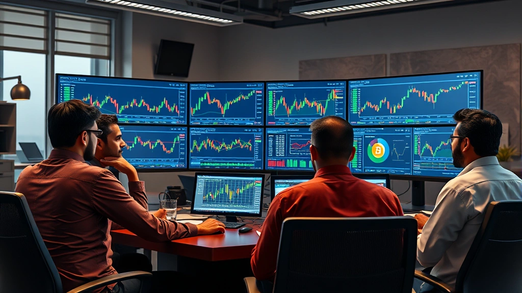 Photorealistic image of diverse Pakistani investors analyzing Bitcoin market data on multiple monitors in a contemporary trading room, charts and graphs visible on screens, collaborative discussion atmosphere, professional environment