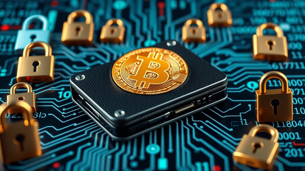Secure hardware wallet device with Bitcoin symbol, surrounded by digital security elements like locks and encrypted code, photorealistic product photography with professional lighting