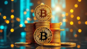 Photorealistic Bitcoin coins stacked in pyramid formation with blockchain network nodes glowing in background, representing decentralized cryptocurrency wealth accumulation and network growth