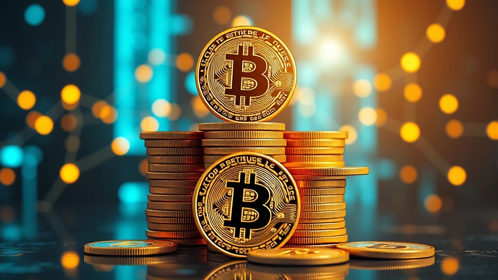 Photorealistic Bitcoin coins stacked in pyramid formation with blockchain network nodes glowing in background, representing decentralized cryptocurrency wealth accumulation and network growth