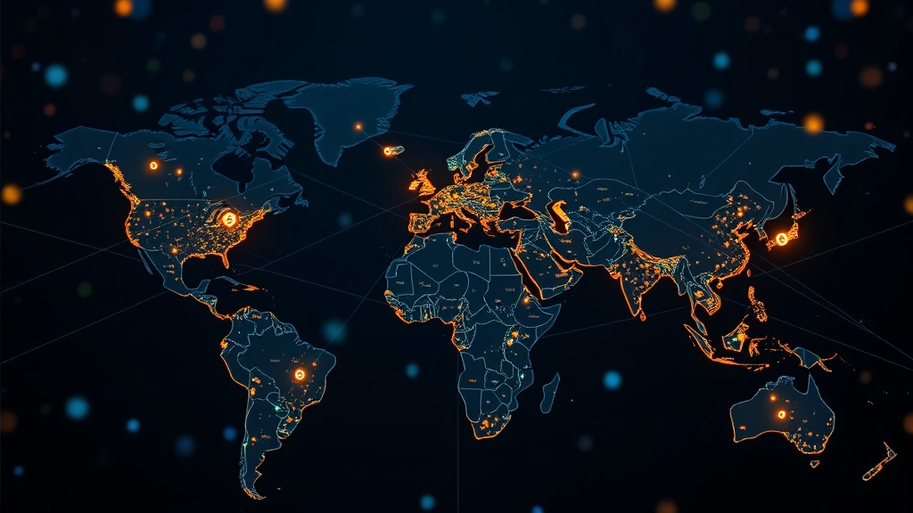 Bitcoin network nodes distributed globally representing decentralized blockchain infrastructure and mining operations with digital connections between continents