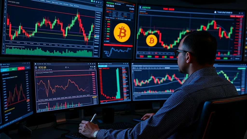Cryptocurrency trader analyzing Bitcoin market data on multiple screens with candlestick charts and blockchain metrics displaying in modern trading terminal