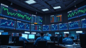 Photorealistic image of a modern cryptocurrency trading floor with multiple screens displaying Bitcoin charts and price movements, traders monitoring markets, blue and green candlestick patterns visible, professional financial environment with sophisticated trading infrastructure