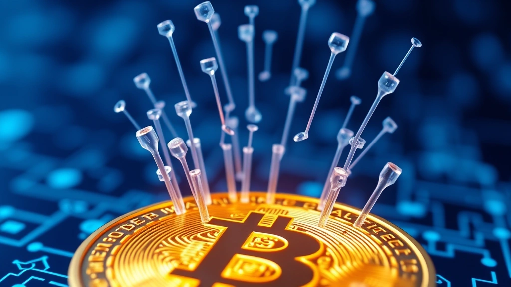Close-up of a glowing Bitcoin coin with crystalline blockchain nodes emerging from it, set against a deep blue digital background with floating data streams and circuit patterns, photorealistic 3D rendering, no text