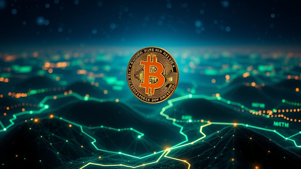 Photorealistic image of Bitcoin cryptocurrency coin floating above a digital landscape with blockchain network nodes glowing in background, representing 2025 market growth and technology