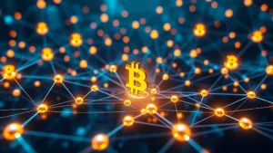 Futuristic digital visualization of Bitcoin network with glowing nodes and interconnected pathways, institutional capital flowing through blockchain architecture, photorealistic 3D rendering with depth of field, no text or ticker symbols