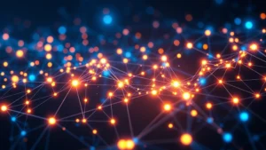 Professional Bitcoin network node visualization with glowing data streams and interconnected blockchain nodes against dark blue technological background, photorealistic style