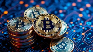 Close-up of Bitcoin coins stacked in a blockchain pattern with blue and orange glowing light effects, high contrast, professional cryptocurrency photography, no text or numbers visible