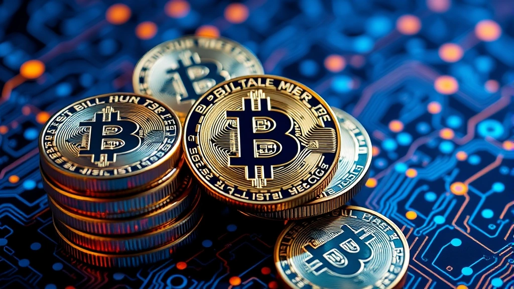 Close-up of Bitcoin coins stacked in a blockchain pattern with blue and orange glowing light effects, high contrast, professional cryptocurrency photography, no text or numbers visible