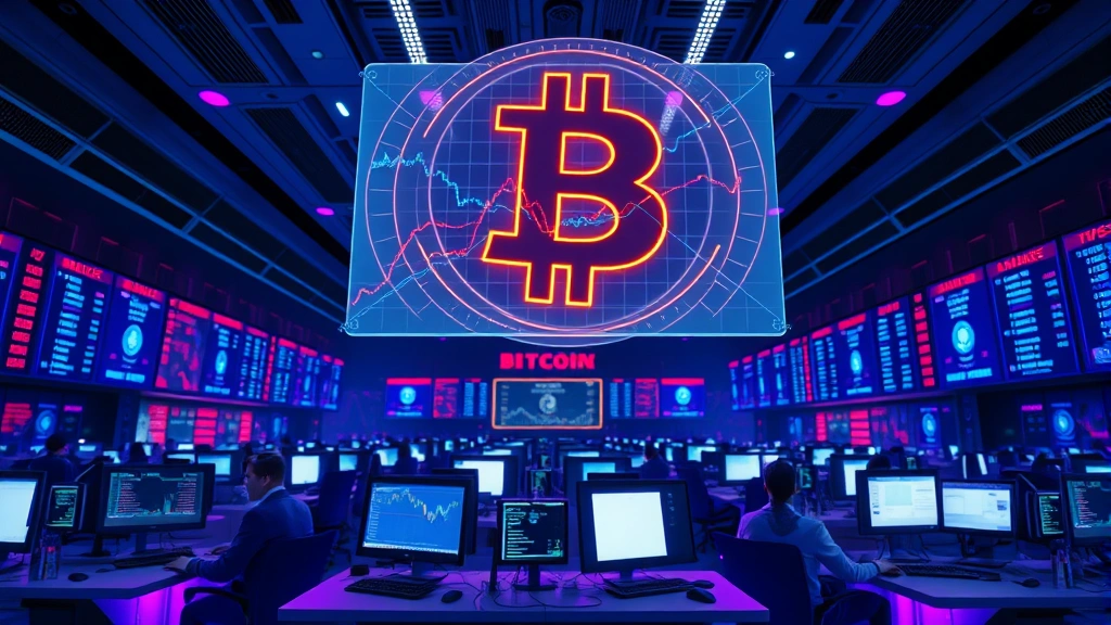 Futuristic cryptocurrency exchange trading floor with holographic Bitcoin price charts floating above workstations, traders in business attire analyzing data, neon blue and purple lighting, photorealistic, no visible text or numbers on screens