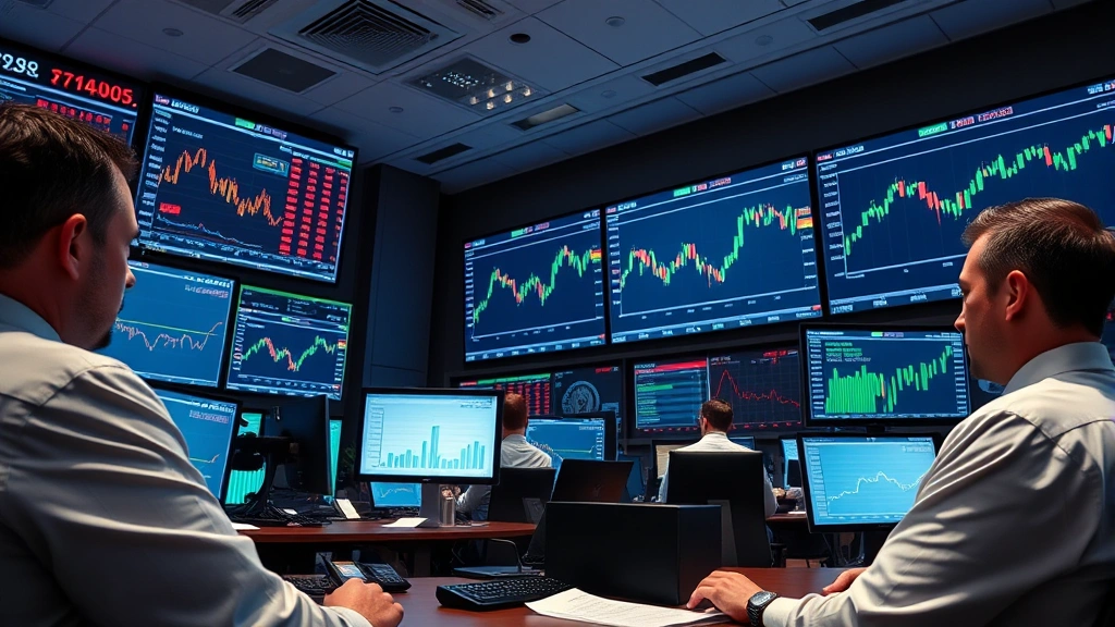 Professional photograph of a modern trading floor with multiple screens displaying cryptocurrency market data and charts, showing institutional traders analyzing Bitcoin market movements in 2025