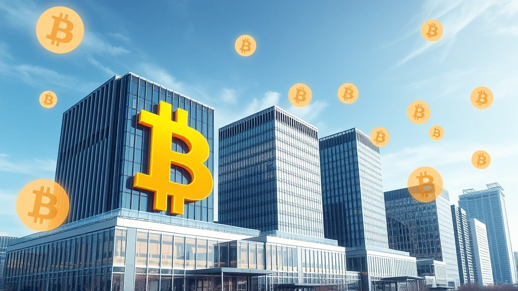 Institutional finance buildings and corporate headquarters morphing into digital Bitcoin symbols, representing corporate adoption and treasury allocation, modern architectural photography blended with blockchain aesthetics, photorealistic, no text overlays