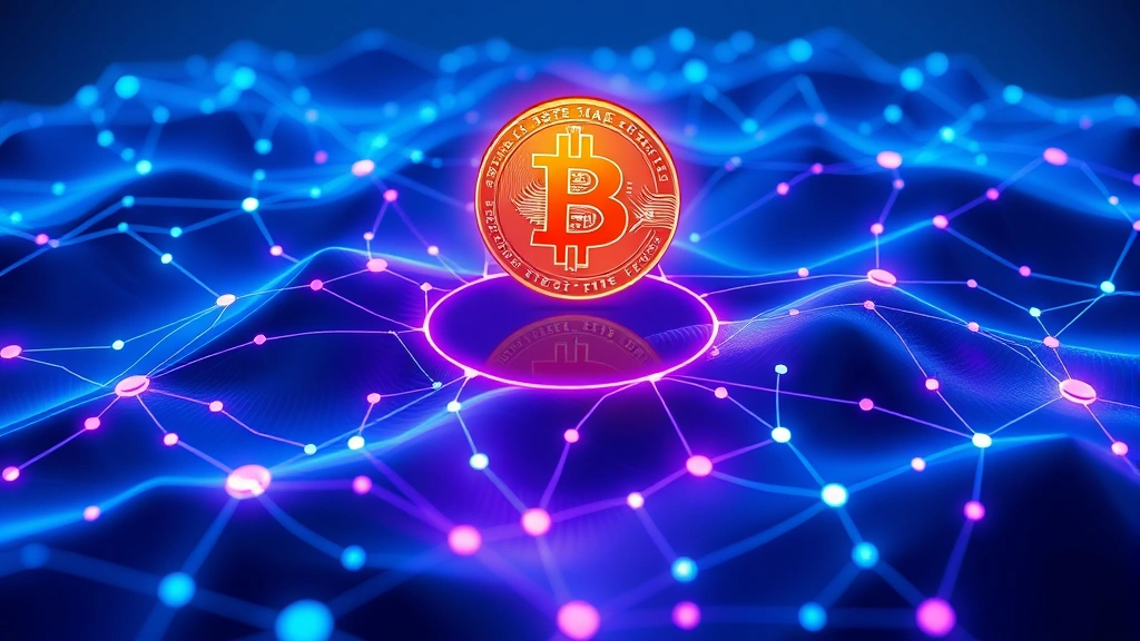 Futuristic digital landscape showing interconnected cryptocurrency nodes and data flows with Bitcoin symbol at center, holographic blue and purple colors, abstract blockchain visualization, no charts or tickers