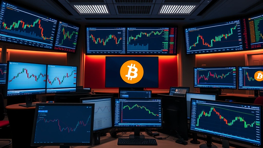 Digital currency exchange trading floor with multiple monitors displaying Bitcoin charts and market data, professional atmosphere, no text visible on screens