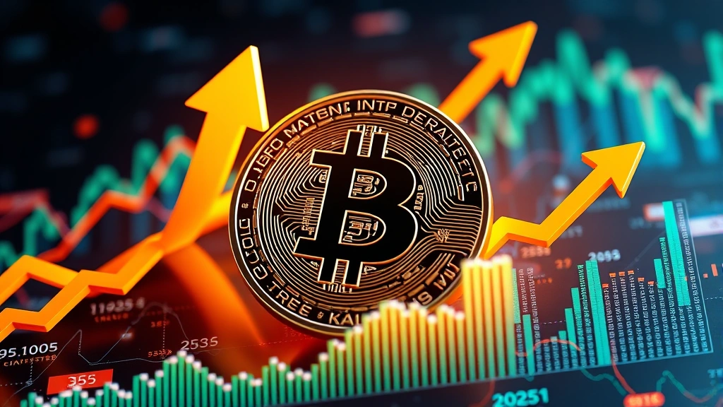 Photorealistic visualization of a digital Bitcoin token surrounded by upward trending arrows and financial graphs, depicting price prediction analysis and bullish market sentiment for 2025