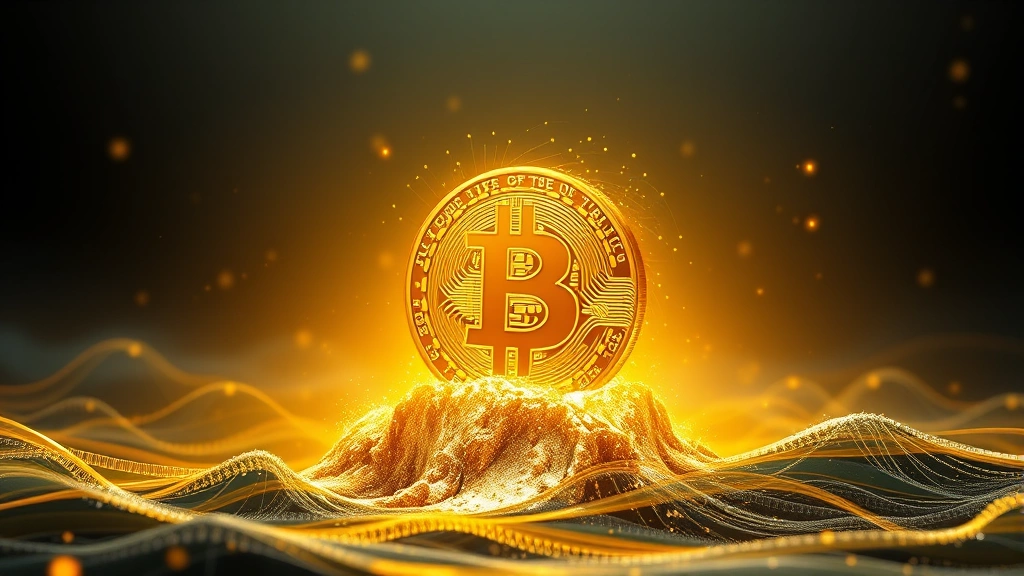 Bitcoin symbol standing resilient in center of digital landscape with abstract market volatility represented by flowing waves and particles around it, fortress-like stability amid chaos, photorealistic digital art, no numbers or text
