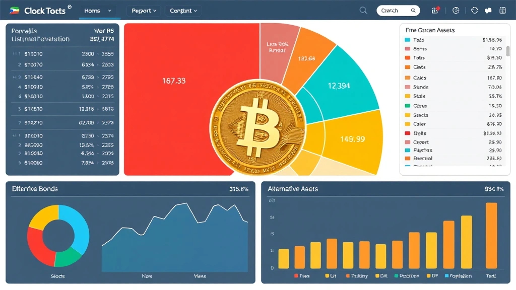 Diversified investment portfolio showing Bitcoin alongside stocks bonds and alternative assets, balanced allocation pie chart, wealth management dashboard with multiple asset classes