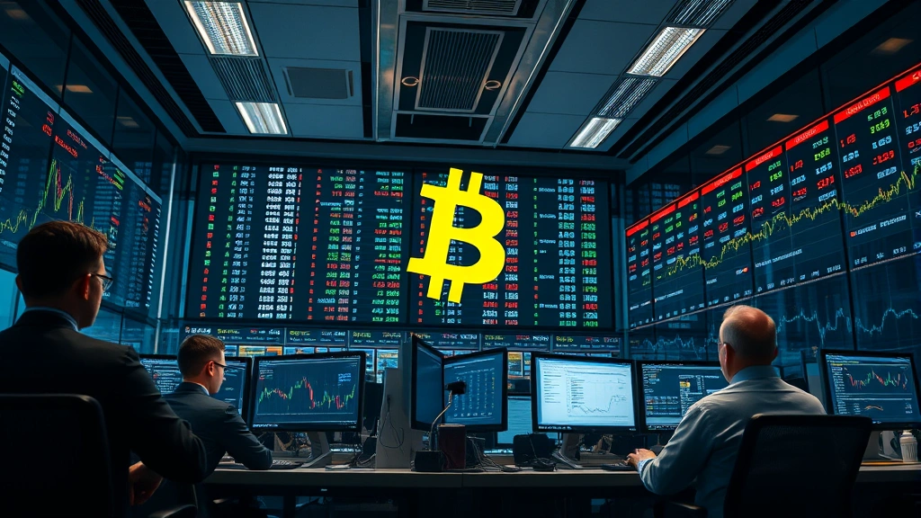 Institutional trading floor atmosphere with subtle Bitcoin symbolism integrated into modern office environment, showing professional investors analyzing market data, professional lighting, no screens with visible text