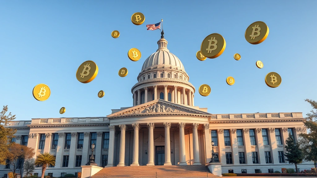 Photorealistic image of a modern government building with digital currency symbols floating above it, representing policy impact on cryptocurrency markets, professional financial setting