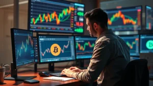 Photorealistic image of a person at a desk with multiple cryptocurrency charts and blockchain data visualization displayed on computer screens, representing advanced trading analysis and market monitoring