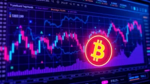 Futuristic digital trading dashboard with glowing Bitcoin symbols and candlestick charts, holographic interface elements, cryptocurrency blockchain network visualization in background, professional trading environment with neon blue and purple lighting