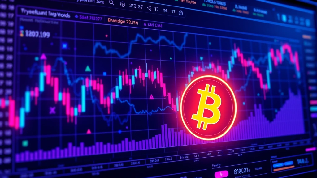 Futuristic digital trading dashboard with glowing Bitcoin symbols and candlestick charts, holographic interface elements, cryptocurrency blockchain network visualization in background, professional trading environment with neon blue and purple lighting