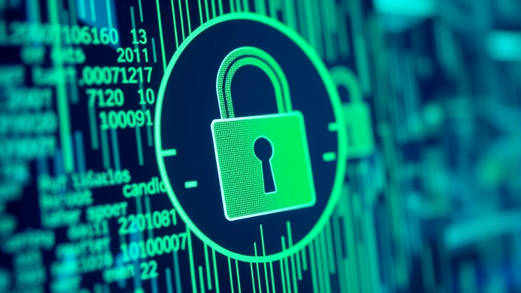 Detailed close-up of a security lock symbol and encrypted digital data streams in blue and green tones, representing cybersecurity, digital asset protection, and blockchain security infrastructure