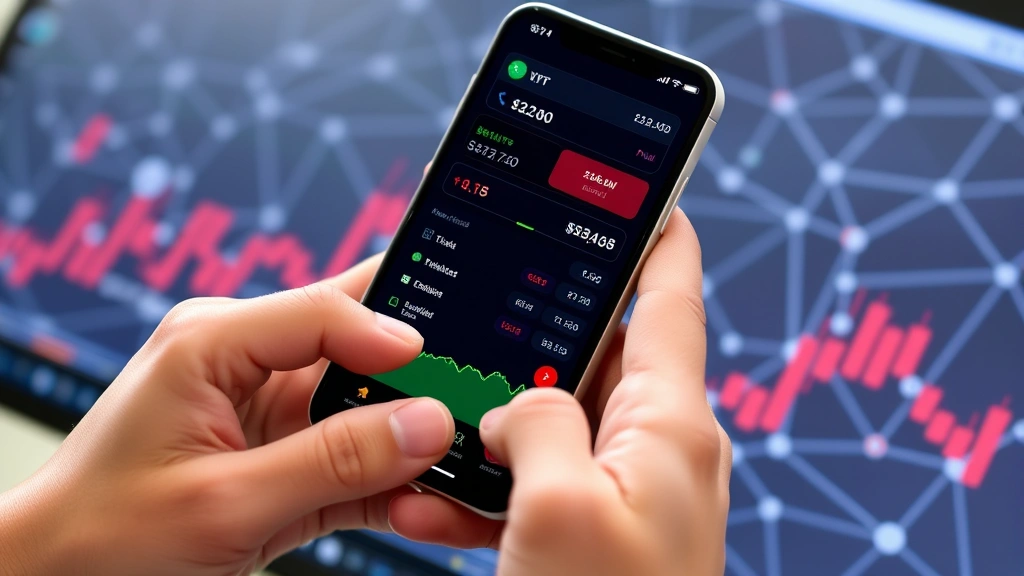 Hands holding a smartphone displaying a cryptocurrency portfolio dashboard with green and red profit/loss indicators, blockchain network patterns visible in background, professional trading environment