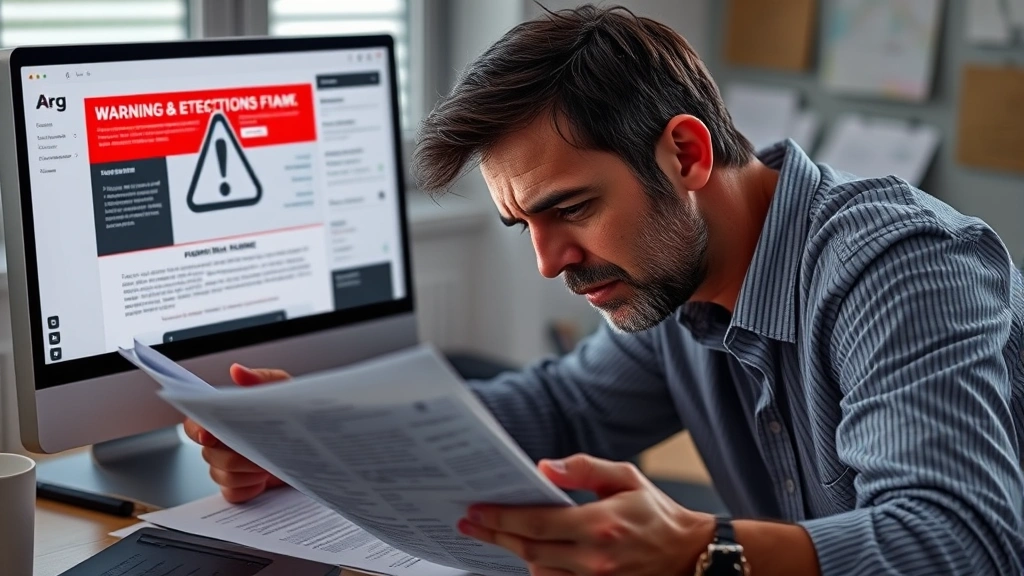 Photorealistic image of a concerned investor reviewing financial documents and warning notices, with a computer screen showing a red warning alert symbol, representing scam detection and fraud prevention awareness