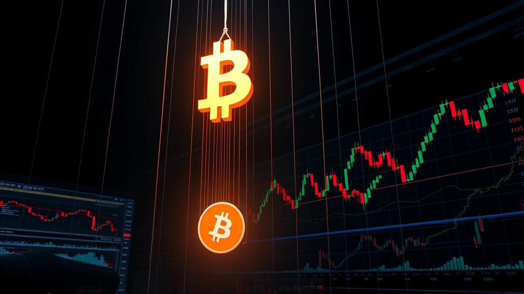 Holographic puppet strings extending from a glowing Bitcoin symbol downward to chaotic trading screens and candlestick charts in a dark digital landscape, photorealistic 3D visualization of market control and manipulation