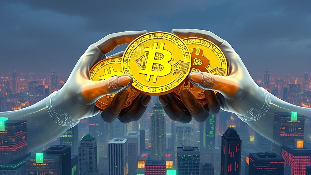 Large golden Bitcoin coins being held by oversized transparent hands above a cityscape made of trading terminals and financial data streams, representing institutional control and whale dominance in crypto markets