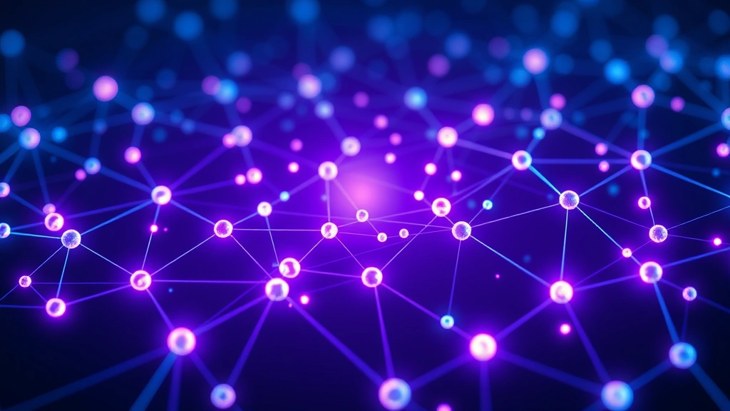 Digital blockchain network visualization with interconnected nodes and cryptocurrency symbols glowing in deep blues and purples, representing decentralized Bitcoin technology and network security
