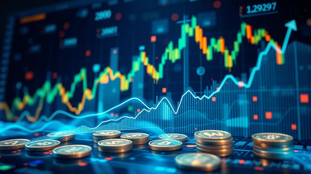 Abstract representation of financial data and market volatility with ascending and descending lines, cryptocurrency tokens, and analytical charts in a modern fintech environment