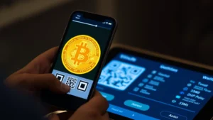 Close-up of smartphone scanning a Bitcoin QR code displayed on a tablet screen, both devices showing cryptocurrency wallet interfaces with glowing blue accents, modern minimalist design, soft lighting
