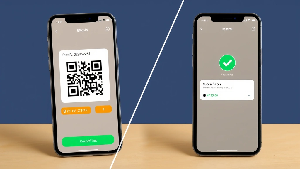 Split-screen showing Bitcoin wallet application on left displaying QR code with public address, and on right showing successful transaction confirmation with green checkmark, professional interface design