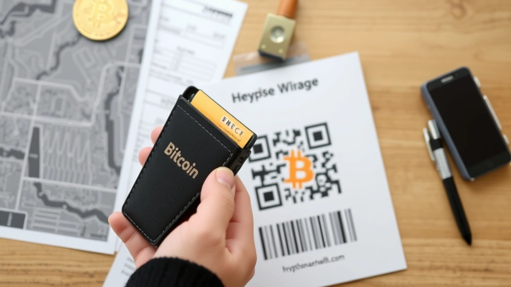 Person holding hardware wallet device next to printed Bitcoin QR code on paper with cryptocurrency-themed background, secure offline storage concept, professional business setting