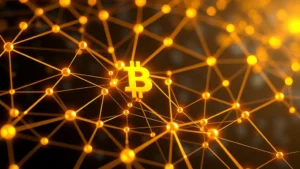 Bitcoin blockchain network nodes connected with glowing golden lines, representing decentralized cryptocurrency infrastructure and price discovery mechanisms
