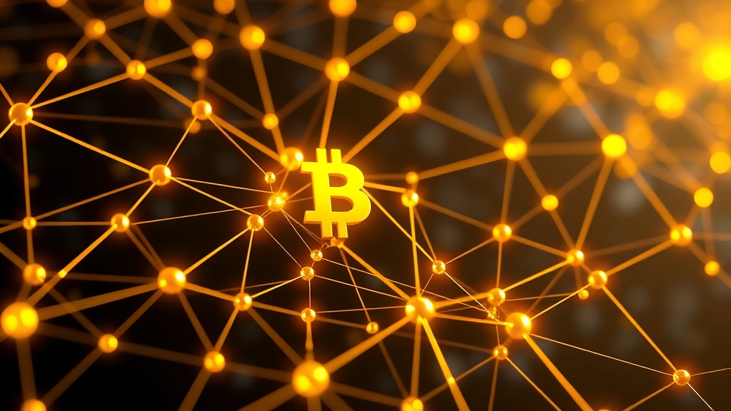 Bitcoin blockchain network nodes connected with glowing golden lines, representing decentralized cryptocurrency infrastructure and price discovery mechanisms