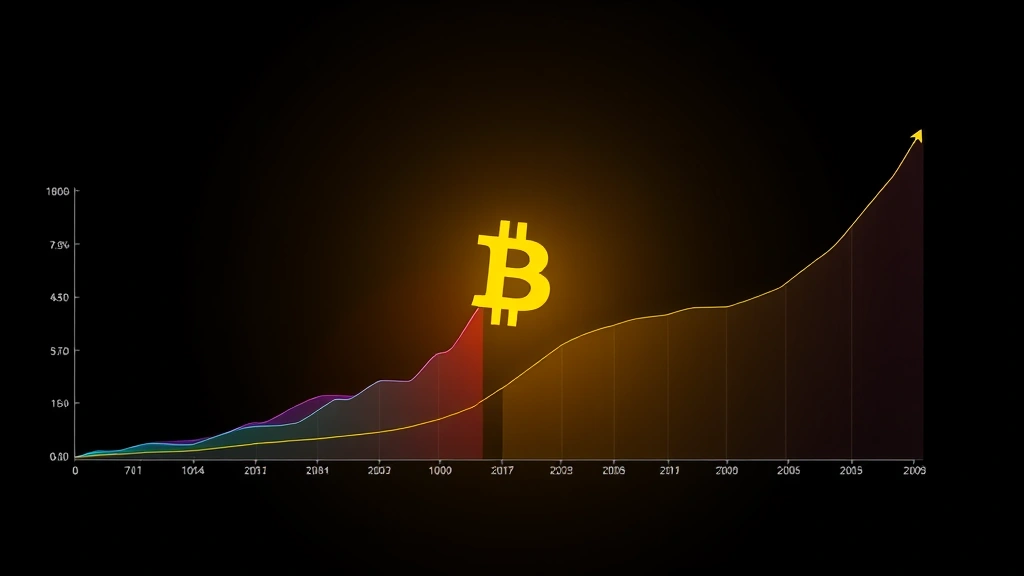Digital visualization of Bitcoin's logarithmic price growth trajectory with colorful regression bands expanding from center point, representing market cycles and volatility bands on dark gradient background