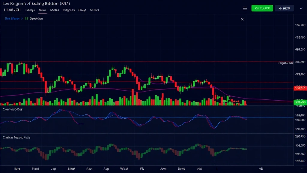 Modern cryptocurrency trading terminal displaying Bitcoin price action overlaid with colorful regression bands, showing candlesticks moving through different colored zones on professional dark-themed interface
