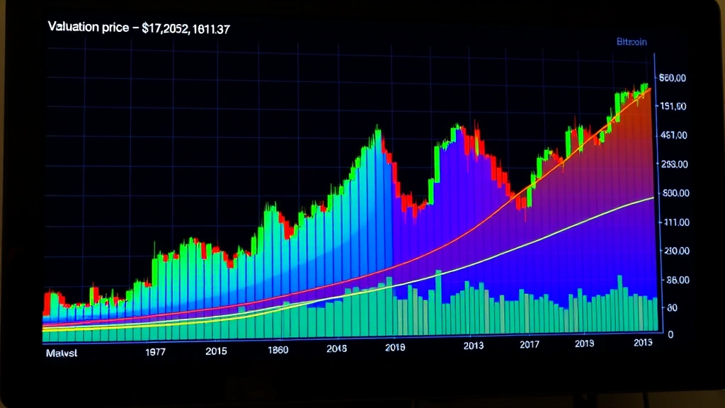 Colorful logarithmic Bitcoin price chart with rainbow-colored bands representing valuation zones from red undervalued to purple overbought, cryptocurrency trading analysis visualization on digital screen