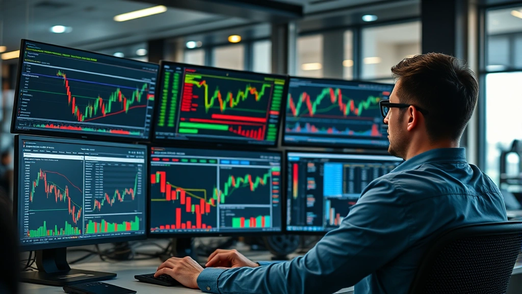 Investor analyzing multiple data sources on computer screens showing candlestick charts, technical indicators, and cryptocurrency market data simultaneously in modern trading office