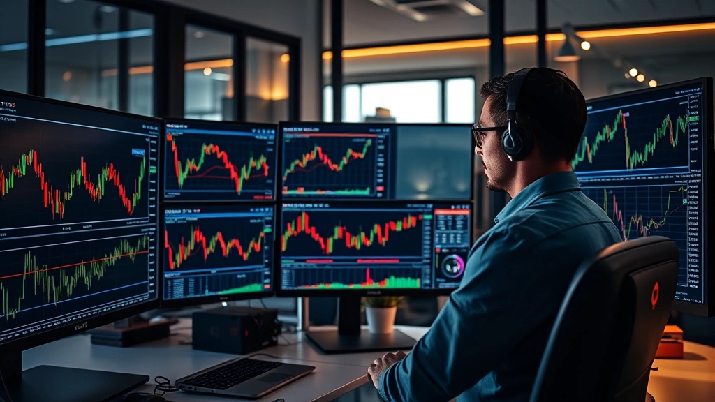 A professional investor analyzing Bitcoin charts on multiple monitors in a modern office, showing focused concentration and financial data visualization, warm lighting, sophisticated workspace environment