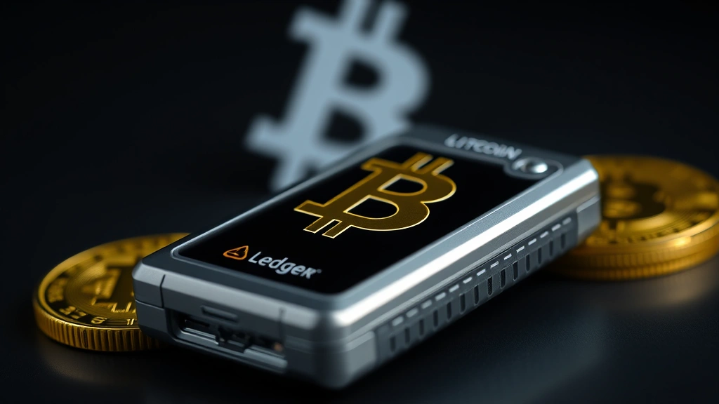 Close-up of a hardware wallet device (like Ledger) displaying Bitcoin security features, with cryptographic symbols subtly visible in background, clean studio lighting, professional product photography style