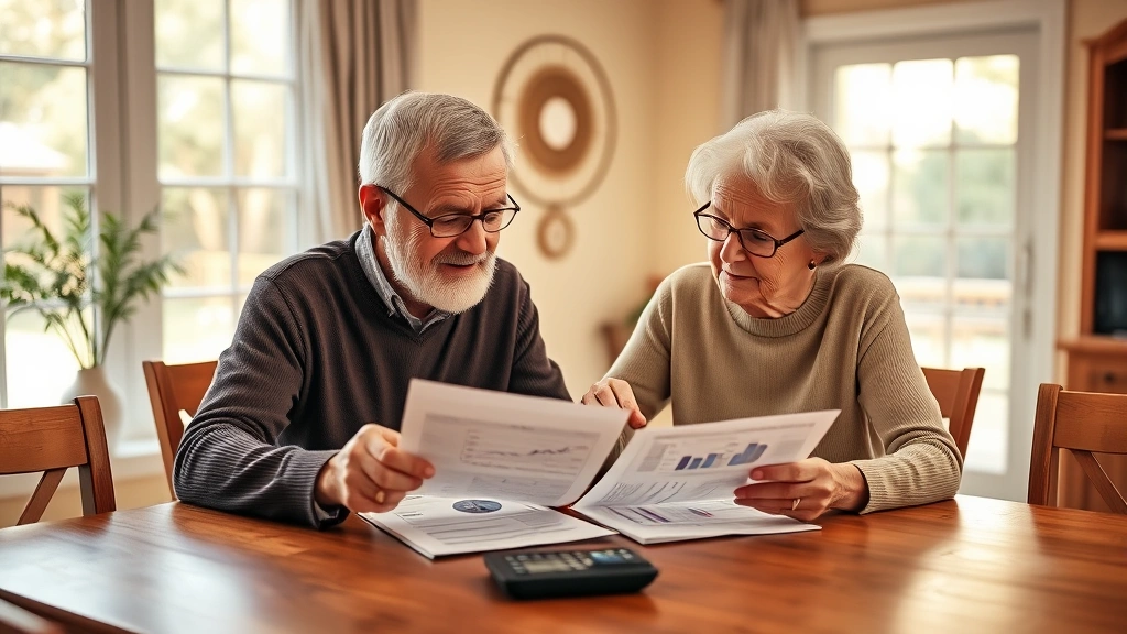 A diverse retirement-age couple reviewing financial documents and portfolio statements together at a dining table, warm natural light from window, documents and calculator visible, peaceful home setting