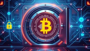 Digital security concept showing encrypted Bitcoin vault with multi-layer protection, blockchain network nodes, padlock symbols, and modern fintech aesthetic without any text or numbers