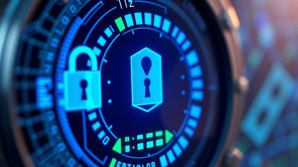 Close-up of hardware security device with digital interface showing wallet authentication process, blue and green security indicators, abstract blockchain elements, photorealistic