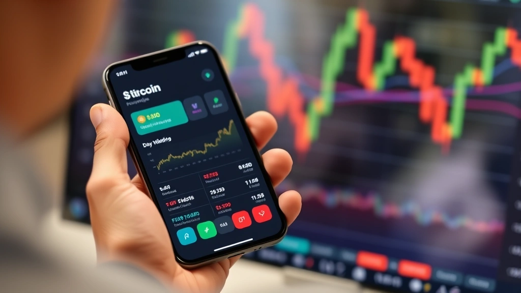 Person using mobile app interface for cryptocurrency portfolio management, showing Bitcoin holdings, price charts in background slightly blurred, modern smartphone screen, clean interface design